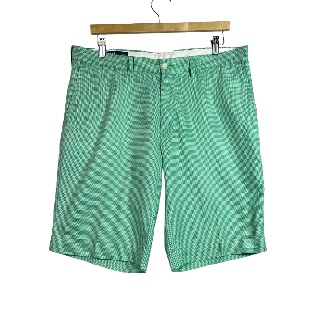 Vintage Polo Ralph Lauren Green Houndstooth Flat Front Cotton Shorts Size 36